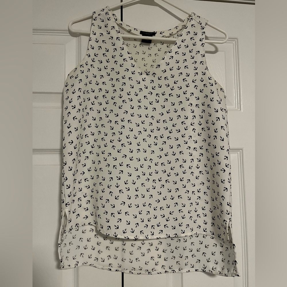 Women's White and Navy Anchor Print Sleeveless Top
